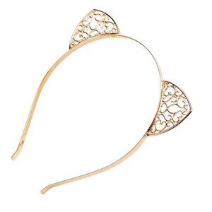 Cat Ear Crown Gold Hearts Headband Hair Band Rhinestone Hollow Cut Metal